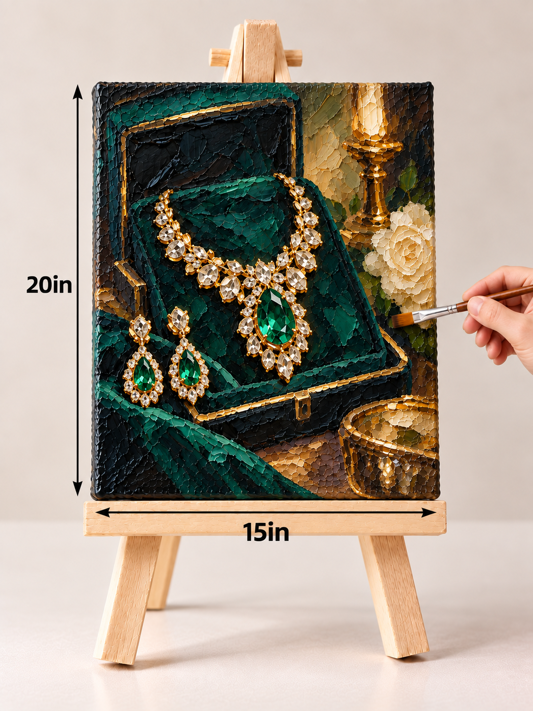 Emerald Heirloom in a Golden Case – Luxury Jewelry Canvas Art
