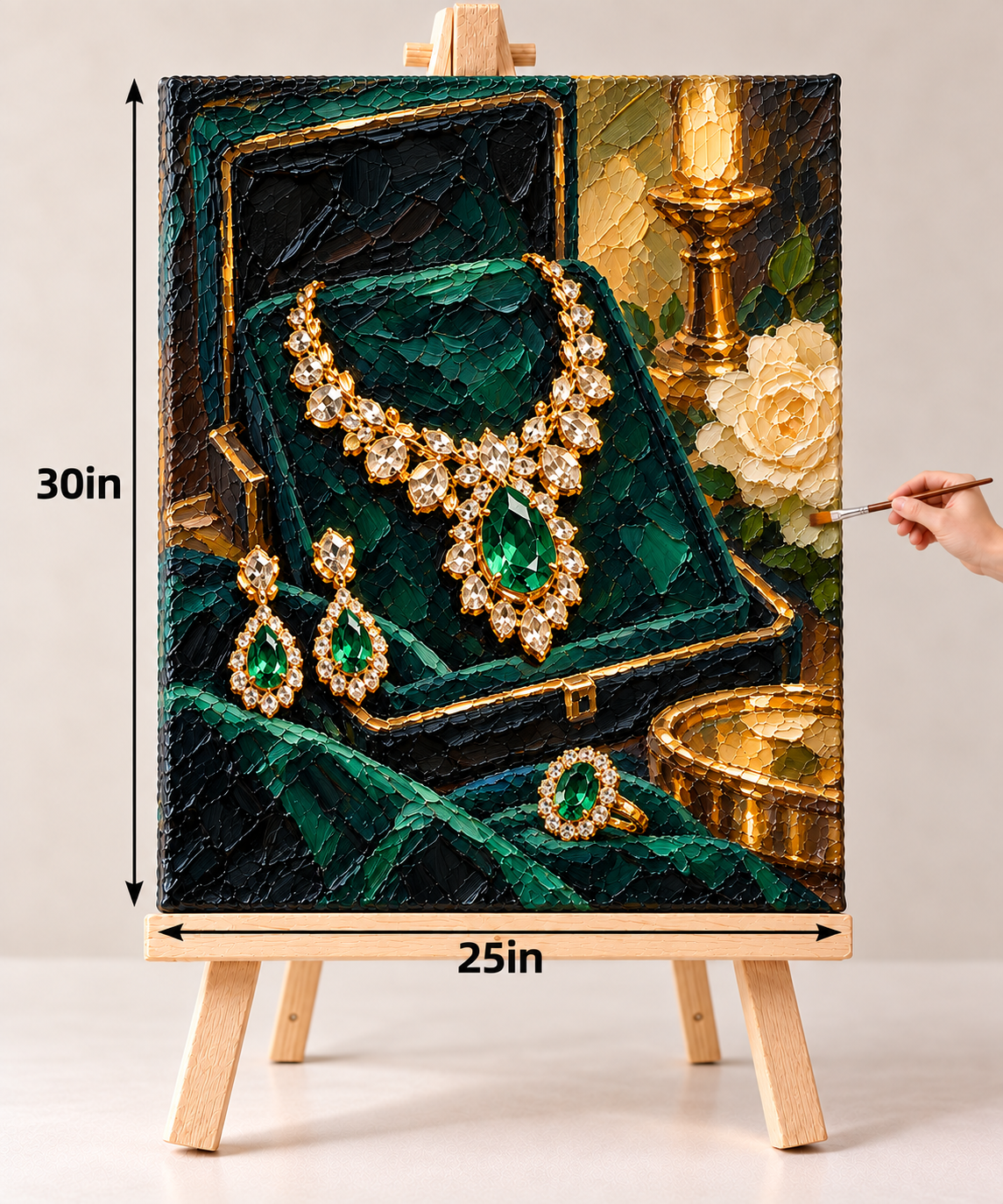Emerald Heirloom in a Golden Case – Luxury Jewelry Canvas Art