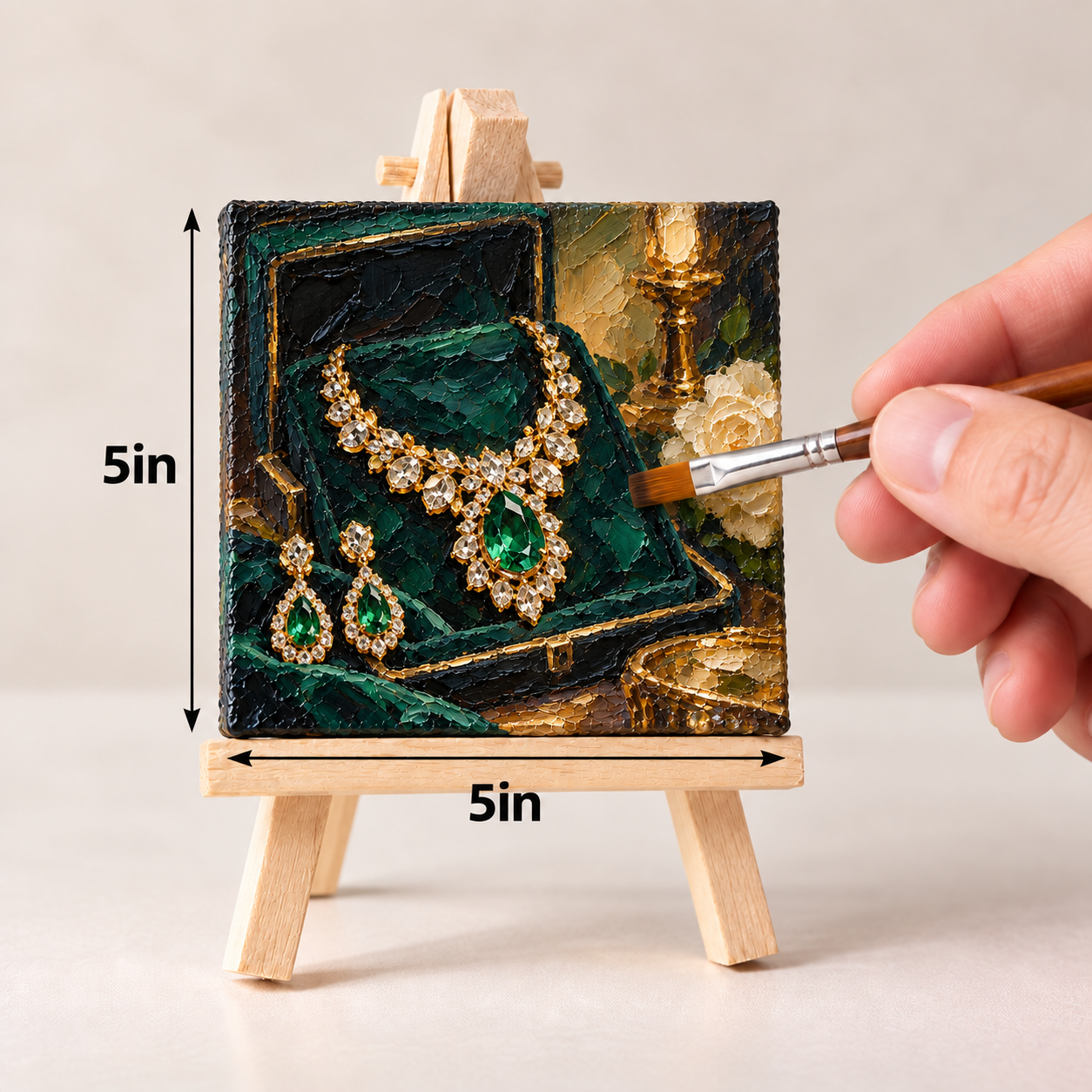 Emerald Heirloom in a Golden Case – Luxury Jewelry Canvas Art