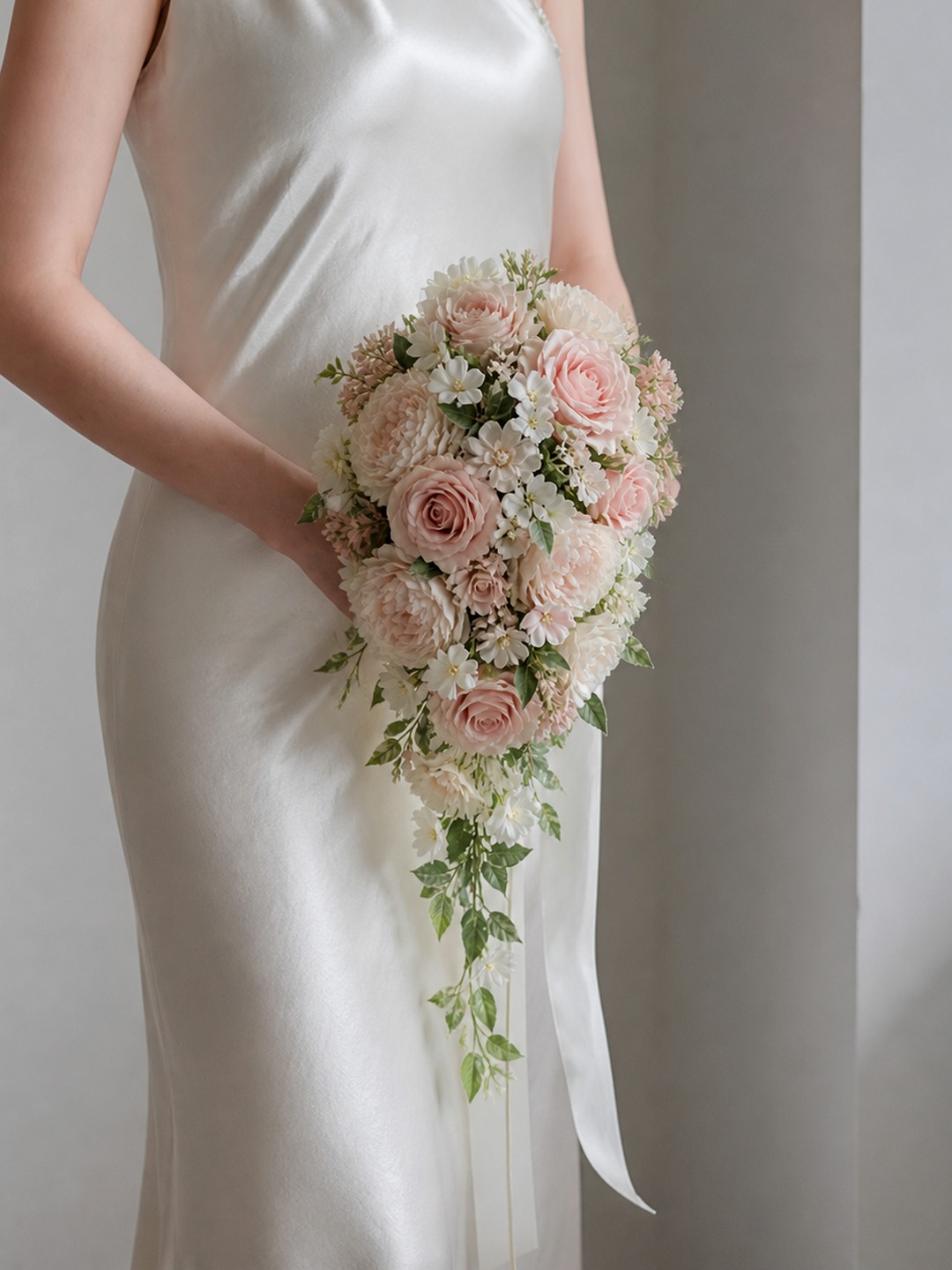 Elegant pink cascade wedding bouquet for bridal styling