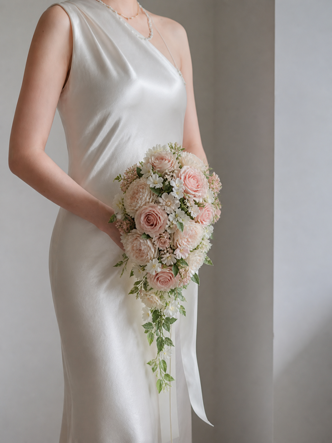 Elegant pink cascade wedding bouquet for bridal styling