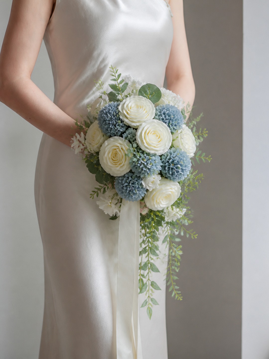 Dusty Blue Cascade Wedding Bouquet