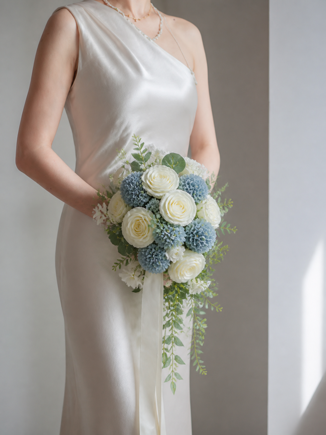 Dusty Blue Cascade Wedding Bouquet