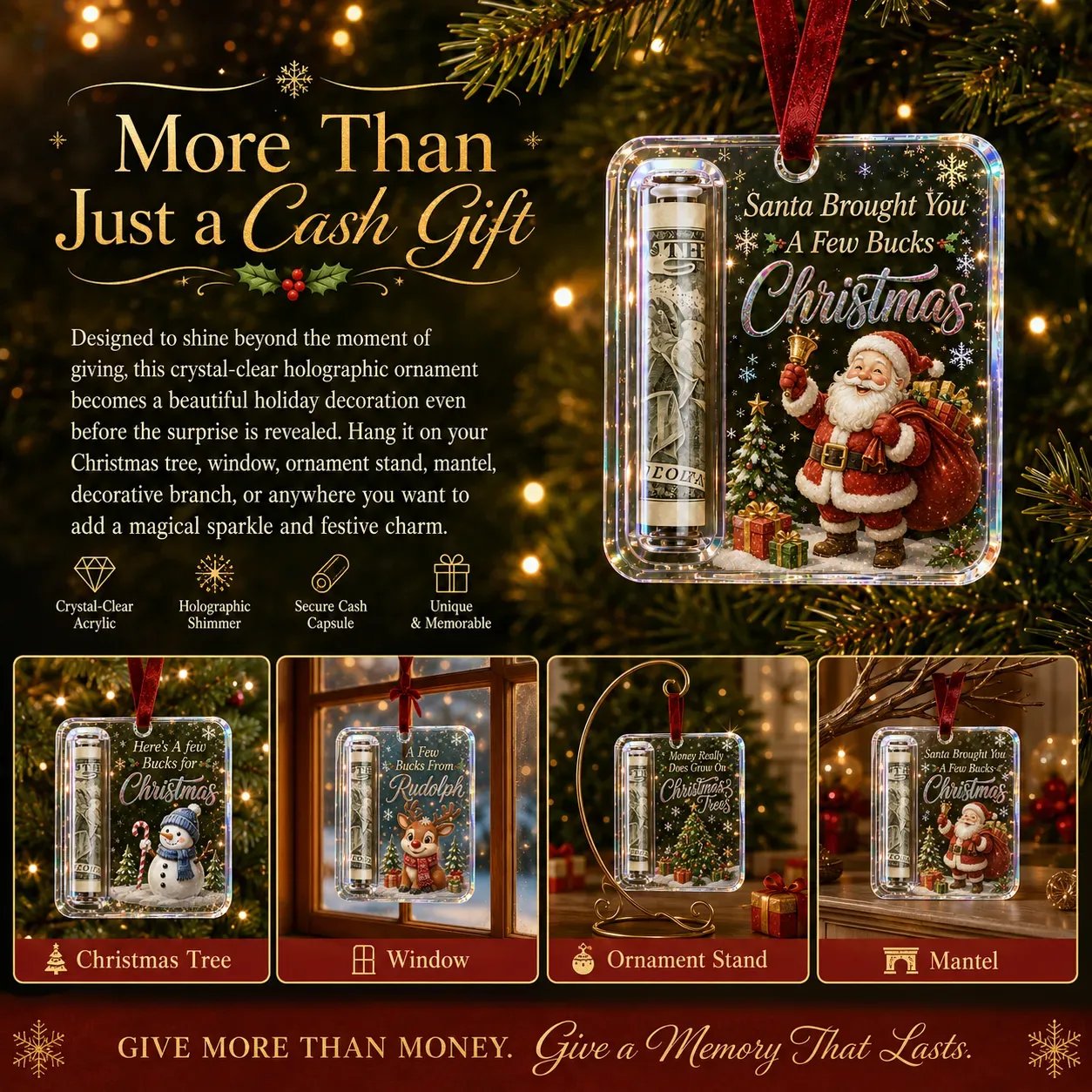 Christmas cash gift ornament used on tree, mantel, windowsill and stocking