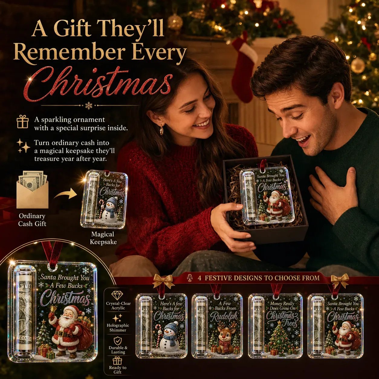 Couple opening a Christmas cash gift ornament together