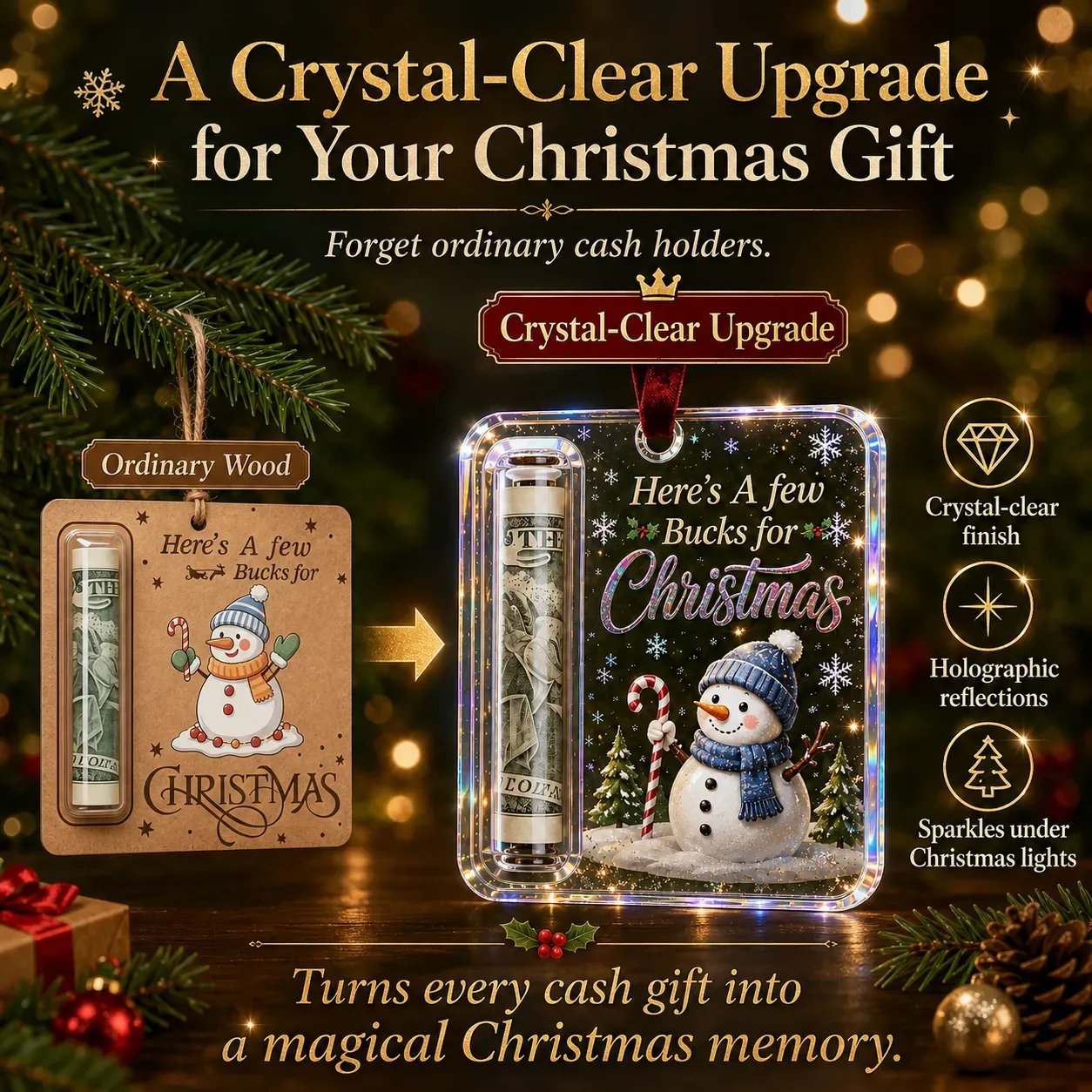Wooden vs crystal Christmas cash ornament — a clear upgrade