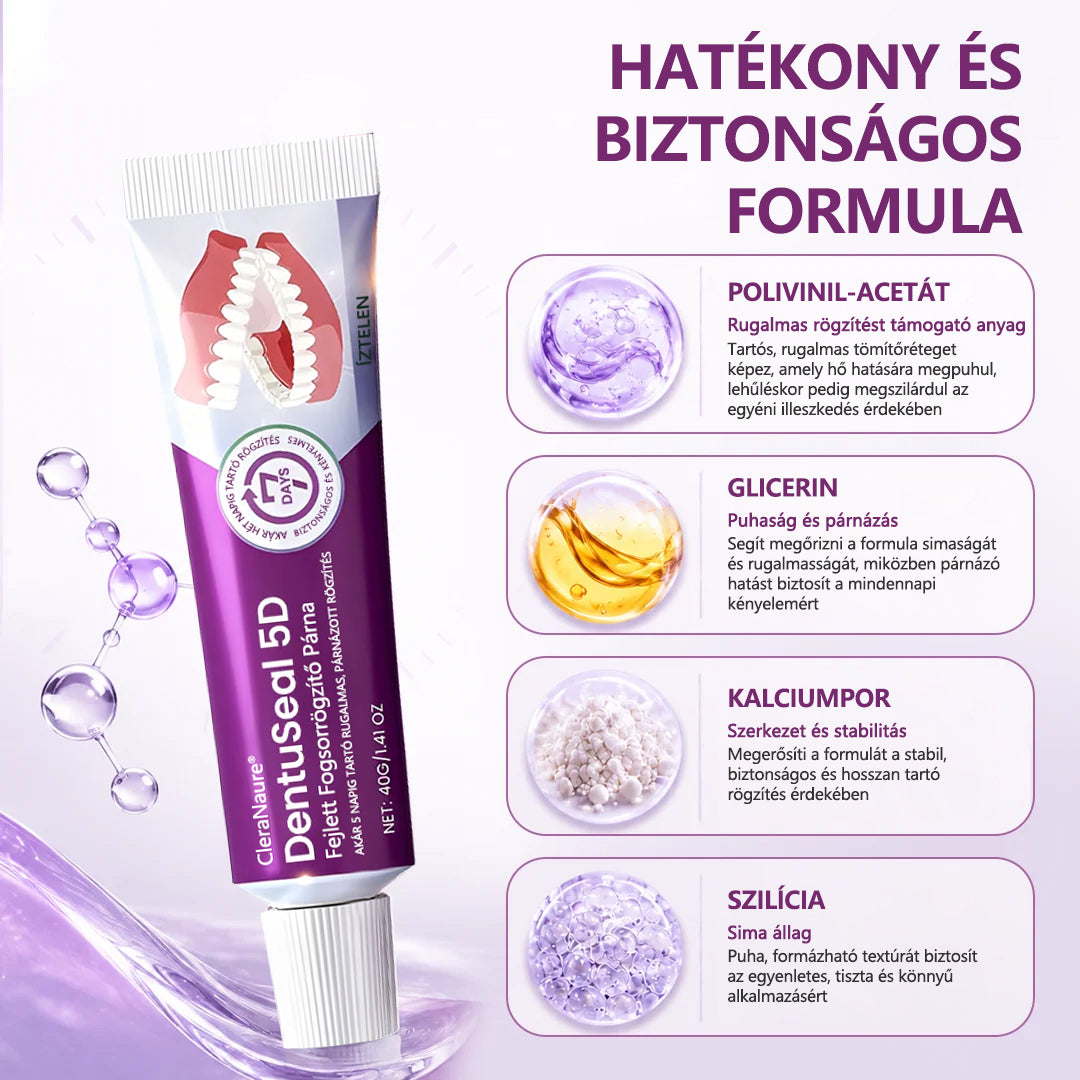 CleraNaure® DentuSeal 5D fejlett műfogsorrögzítő és párnázó ragasztó
