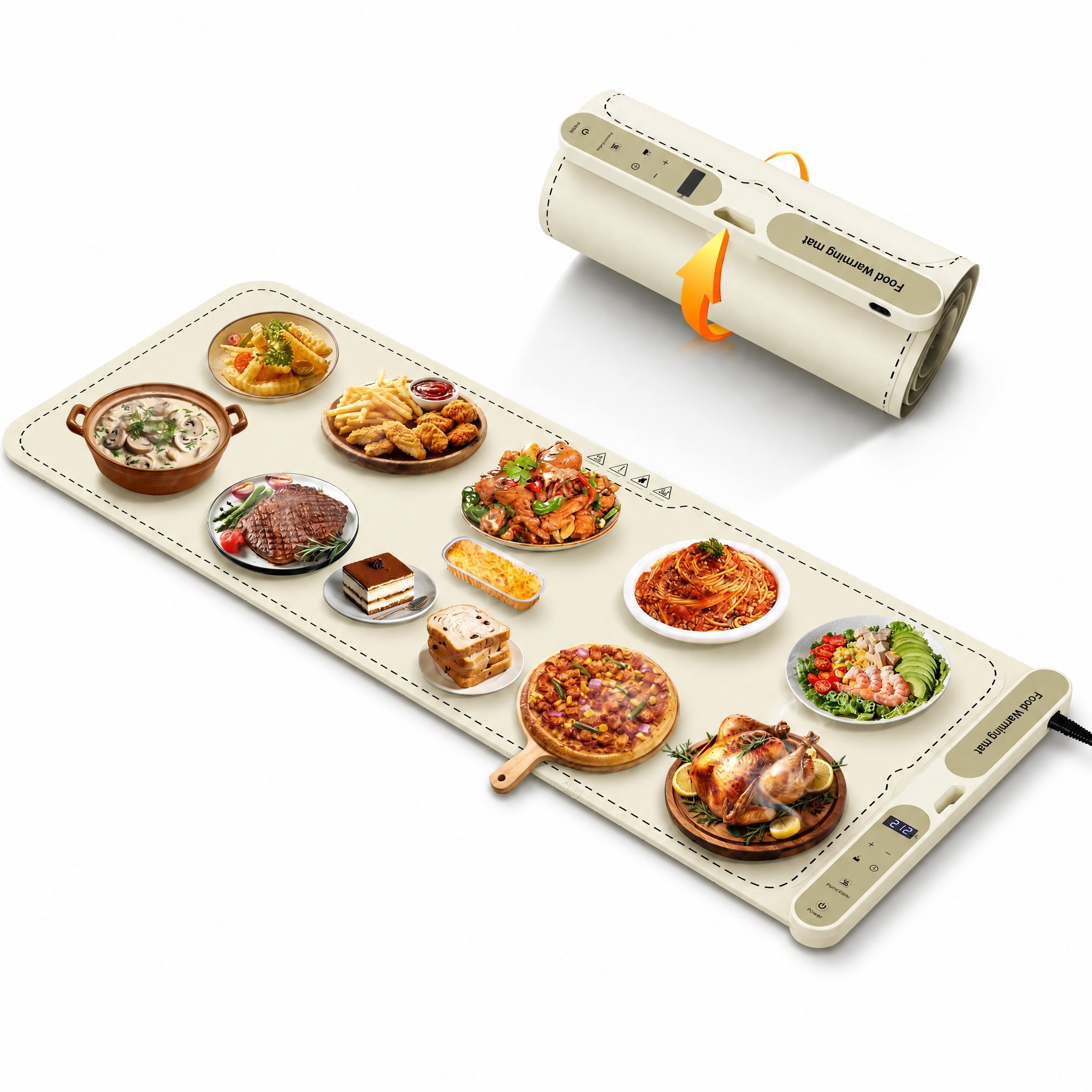 MQ 39.4”x15“ Food Warming Mat, Extra Large Fast Heating Silicone Electric Warming Tray with 7 Temp Levels & 8H Timer, Roll-Up Portable Food Warmer Mat for Party Buffet, Chafing Dishes