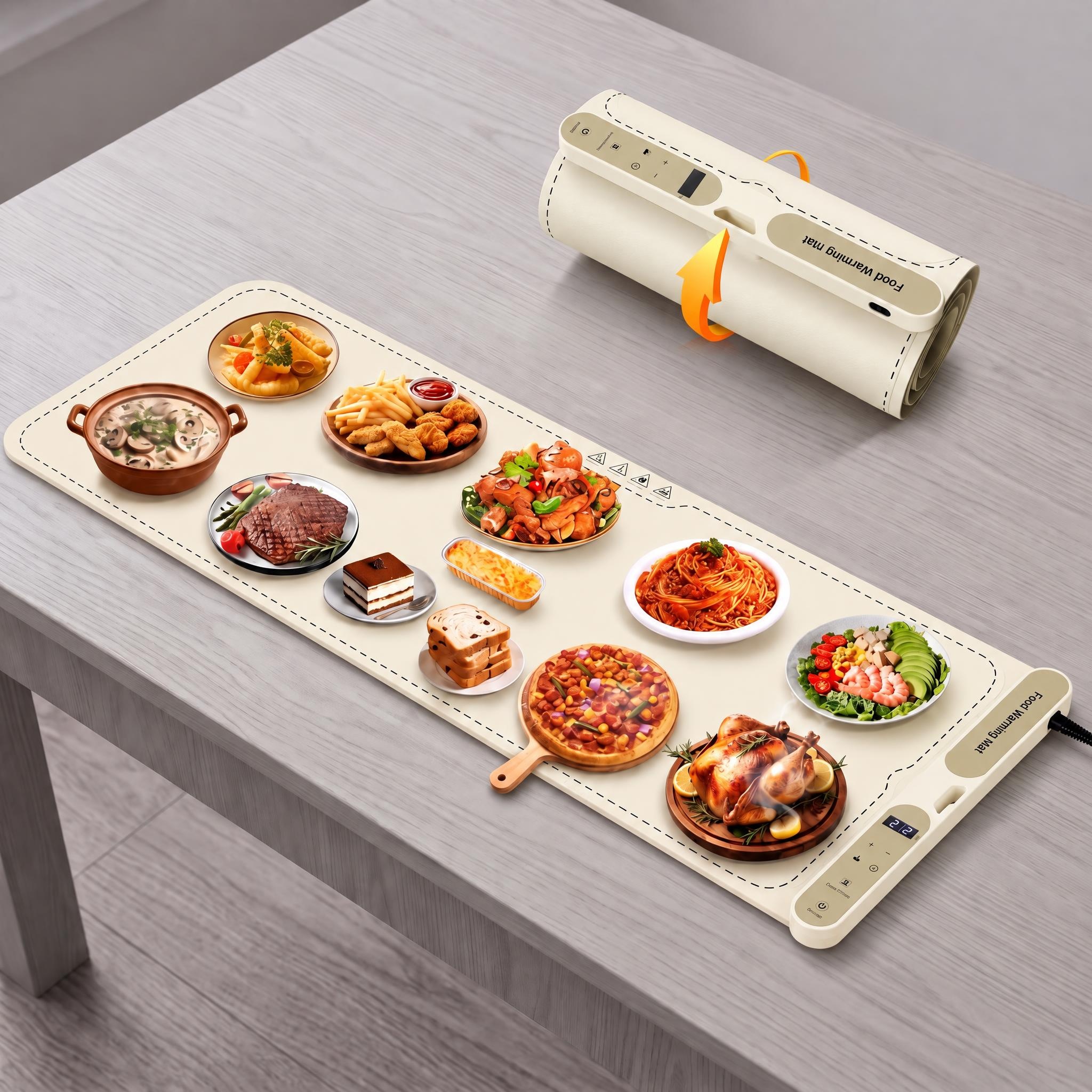 MQ 39.4”x15“ Food Warming Mat, Extra Large Fast Heating Silicone Electric Warming Tray with 7 Temp Levels & 8H Timer, Roll-Up Portable Food Warmer Mat for Party Buffet, Chafing Dishes