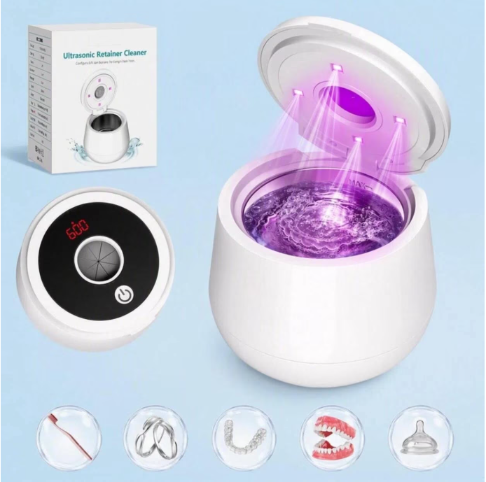 MQ Ultrasonic Retainer Cleaner Machine, 45kHz 200ML Dental Pod with Digital Timer & 4 Modes for Dentures, Night Guards, Braces, Aligners, White