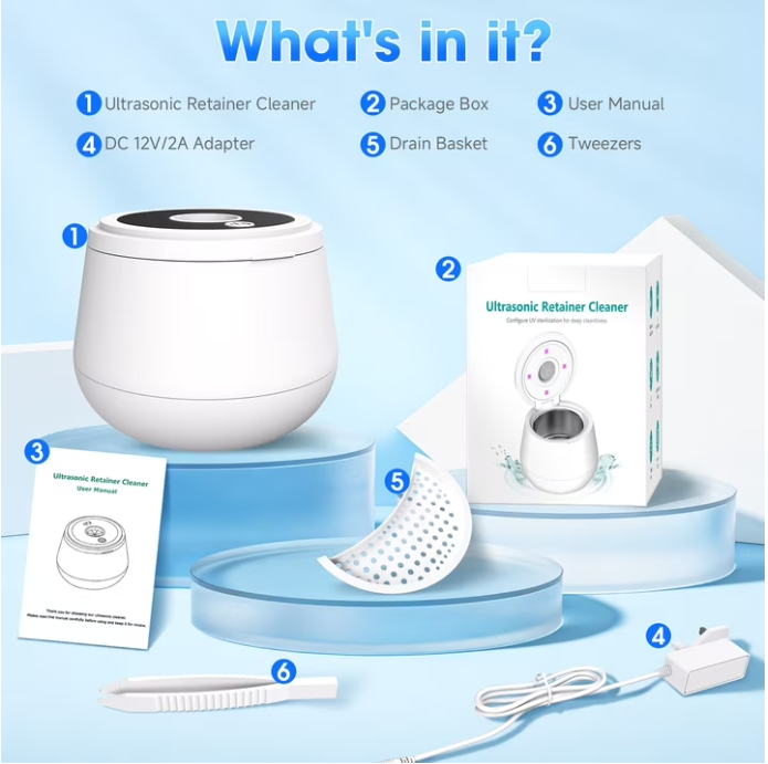 MQ Ultrasonic Retainer Cleaner Machine, 45kHz 200ML Dental Pod with Digital Timer & 4 Modes for Dentures, Night Guards, Braces, Aligners, White