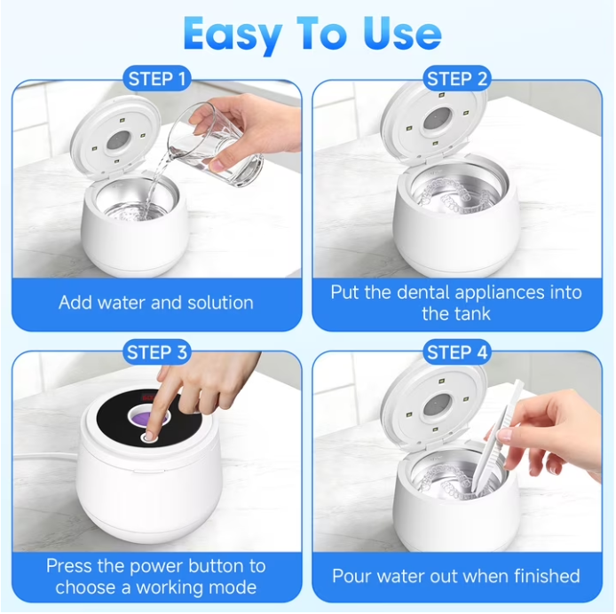 MQ Ultrasonic Retainer Cleaner Machine, 45kHz 200ML Dental Pod with Digital Timer & 4 Modes for Dentures, Night Guards, Braces, Aligners, White