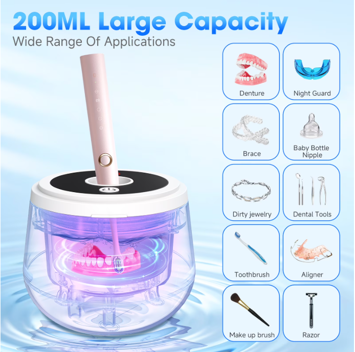 MQ Ultrasonic Retainer Cleaner Machine, 45kHz 200ML Dental Pod with Digital Timer & 4 Modes for Dentures, Night Guards, Braces, Aligners, White