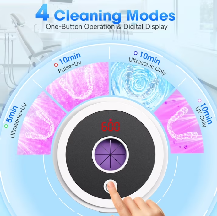 MQ Ultrasonic Retainer Cleaner Machine, 45kHz 200ML Dental Pod with Digital Timer & 4 Modes for Dentures, Night Guards, Braces, Aligners, White
