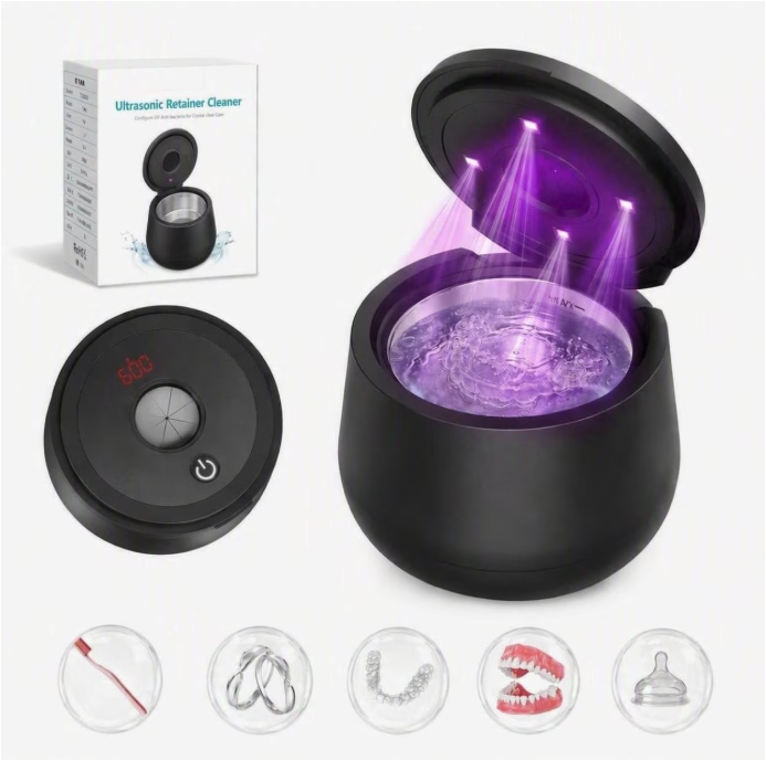 MQ Ultrasonic Retainer Cleaner Machine, 45kHz 200ML Dental Pod with Digital Timer & 4 Modes for Dentures, Night Guards, Braces, Aligners, Black