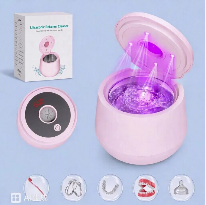 MQ Ultrasonic Retainer Cleaner Machine, 45kHz 200ML Dental Pod with Digital Timer & 4 Modes for Dentures, Night Guards, Braces, Aligners, Pink