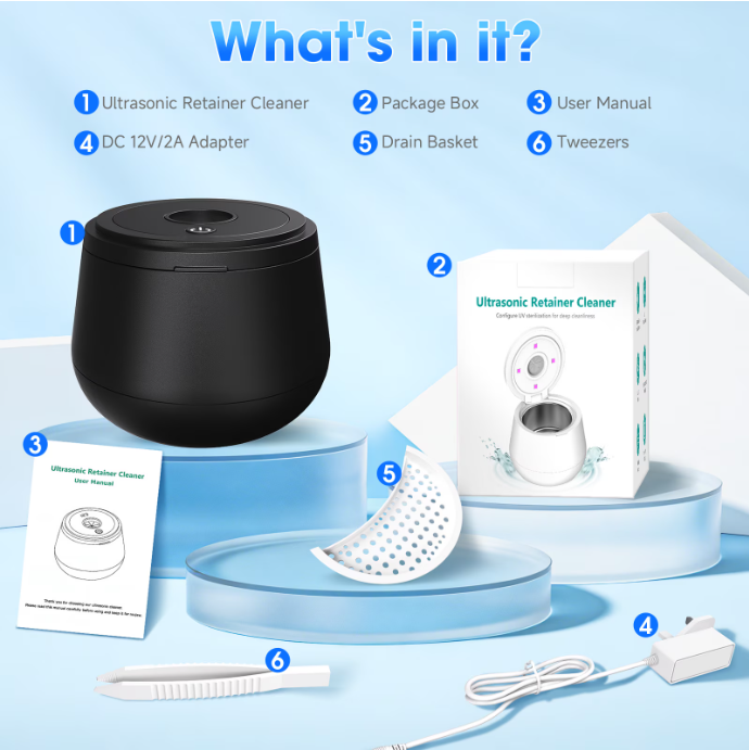 MQ Ultrasonic Retainer Cleaner Machine, 45kHz 200ML Dental Pod with Digital Timer & 4 Modes for Dentures, Night Guards, Braces, Aligners, Black