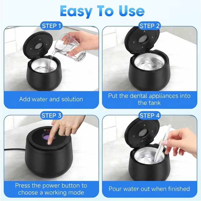 MQ Ultrasonic Retainer Cleaner Machine, 45kHz 200ML Dental Pod with Digital Timer & 4 Modes for Dentures, Night Guards, Braces, Aligners, Black