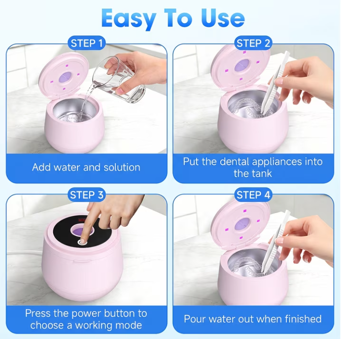 MQ Ultrasonic Retainer Cleaner Machine, 45kHz 200ML Dental Pod with Digital Timer & 4 Modes for Dentures, Night Guards, Braces, Aligners, Pink