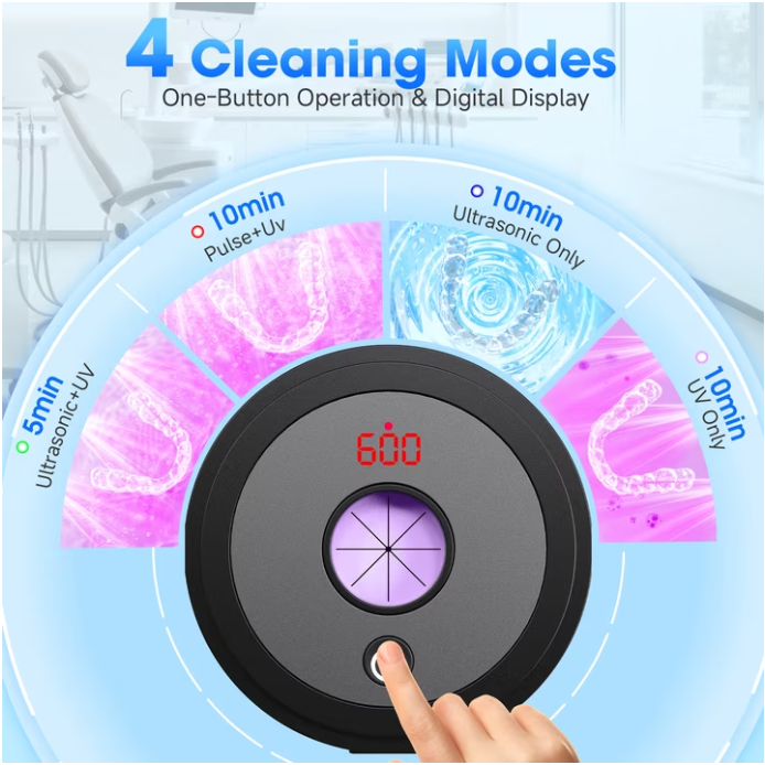 MQ Ultrasonic Retainer Cleaner Machine, 45kHz 200ML Dental Pod with Digital Timer & 4 Modes for Dentures, Night Guards, Braces, Aligners, Black