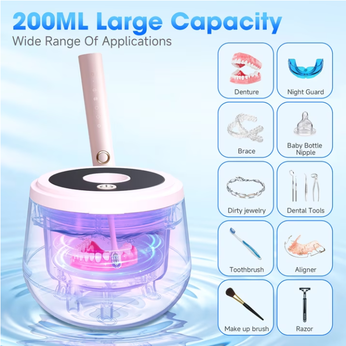 MQ Ultrasonic Retainer Cleaner Machine, 45kHz 200ML Dental Pod with Digital Timer & 4 Modes for Dentures, Night Guards, Braces, Aligners, Pink