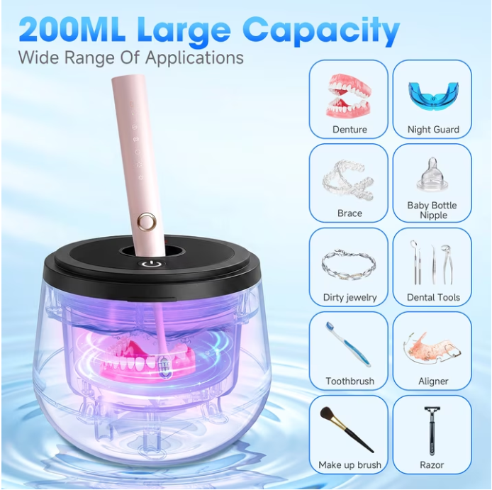 MQ Ultrasonic Retainer Cleaner Machine, 45kHz 200ML Dental Pod with Digital Timer & 4 Modes for Dentures, Night Guards, Braces, Aligners, Black