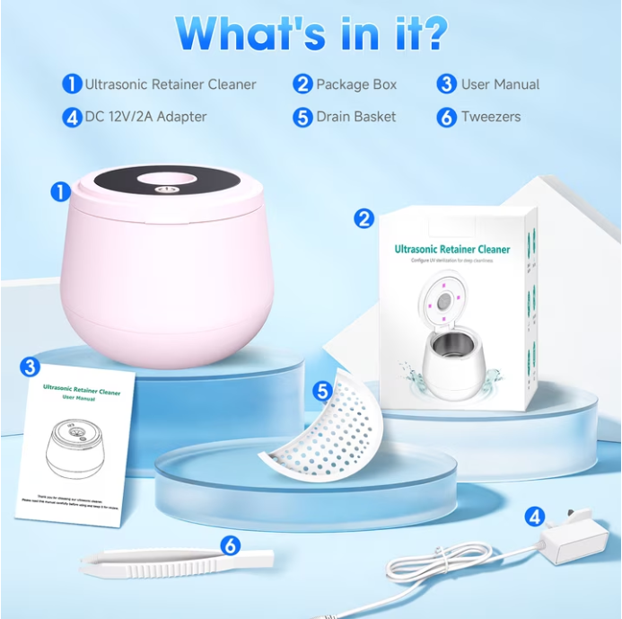 MQ Ultrasonic Retainer Cleaner Machine, 45kHz 200ML Dental Pod with Digital Timer & 4 Modes for Dentures, Night Guards, Braces, Aligners, Pink