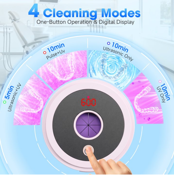 MQ Ultrasonic Retainer Cleaner Machine, 45kHz 200ML Dental Pod with Digital Timer & 4 Modes for Dentures, Night Guards, Braces, Aligners, Pink