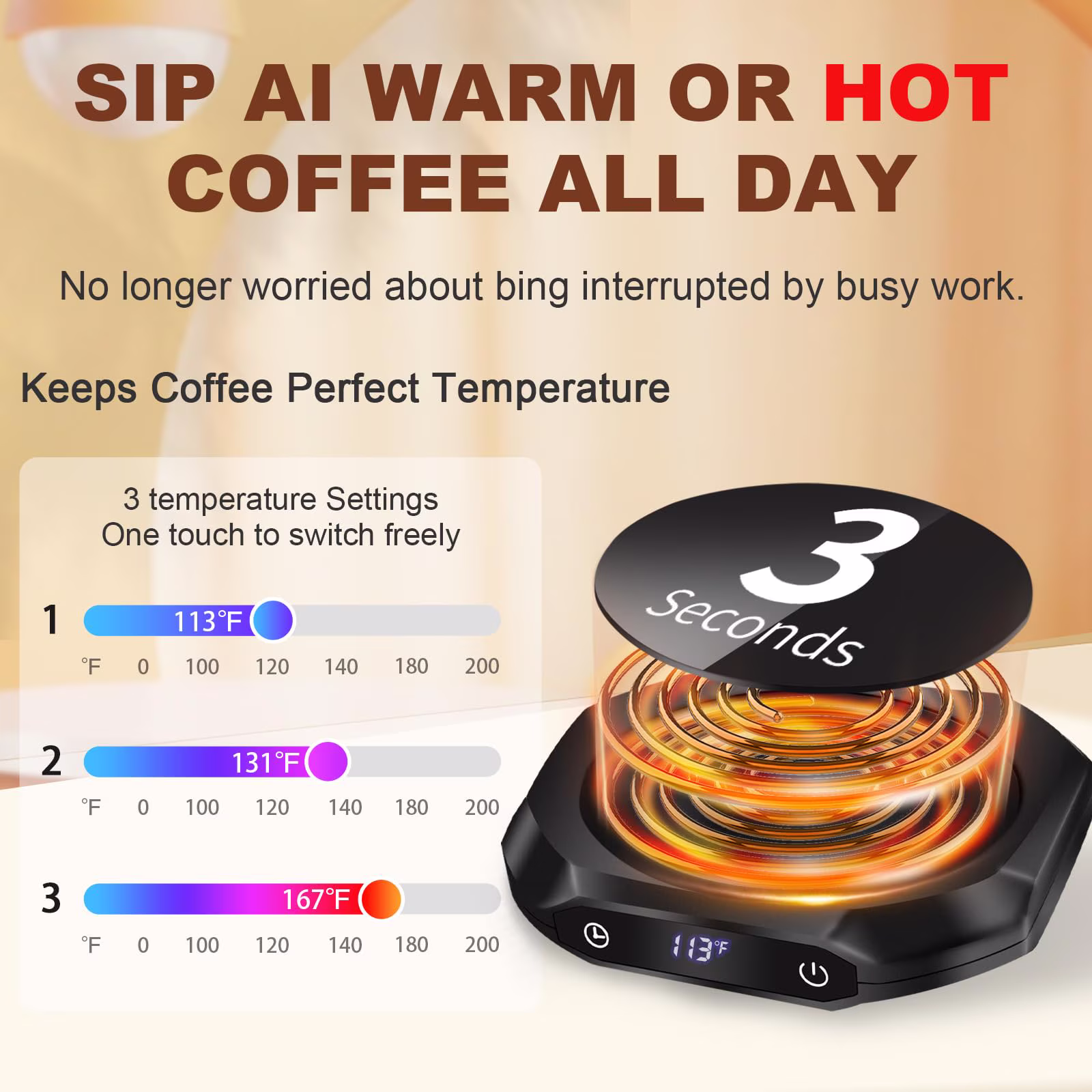 Black Mug Warmer, Coffee Warmer for Desk with 3 Temperature Settings (113°F/131°F/167°F), Cup Warmer for Tea, Milk with 1-12H Auto-off, Coffee, Tea and Milk Warmer for Office Home Desk Use