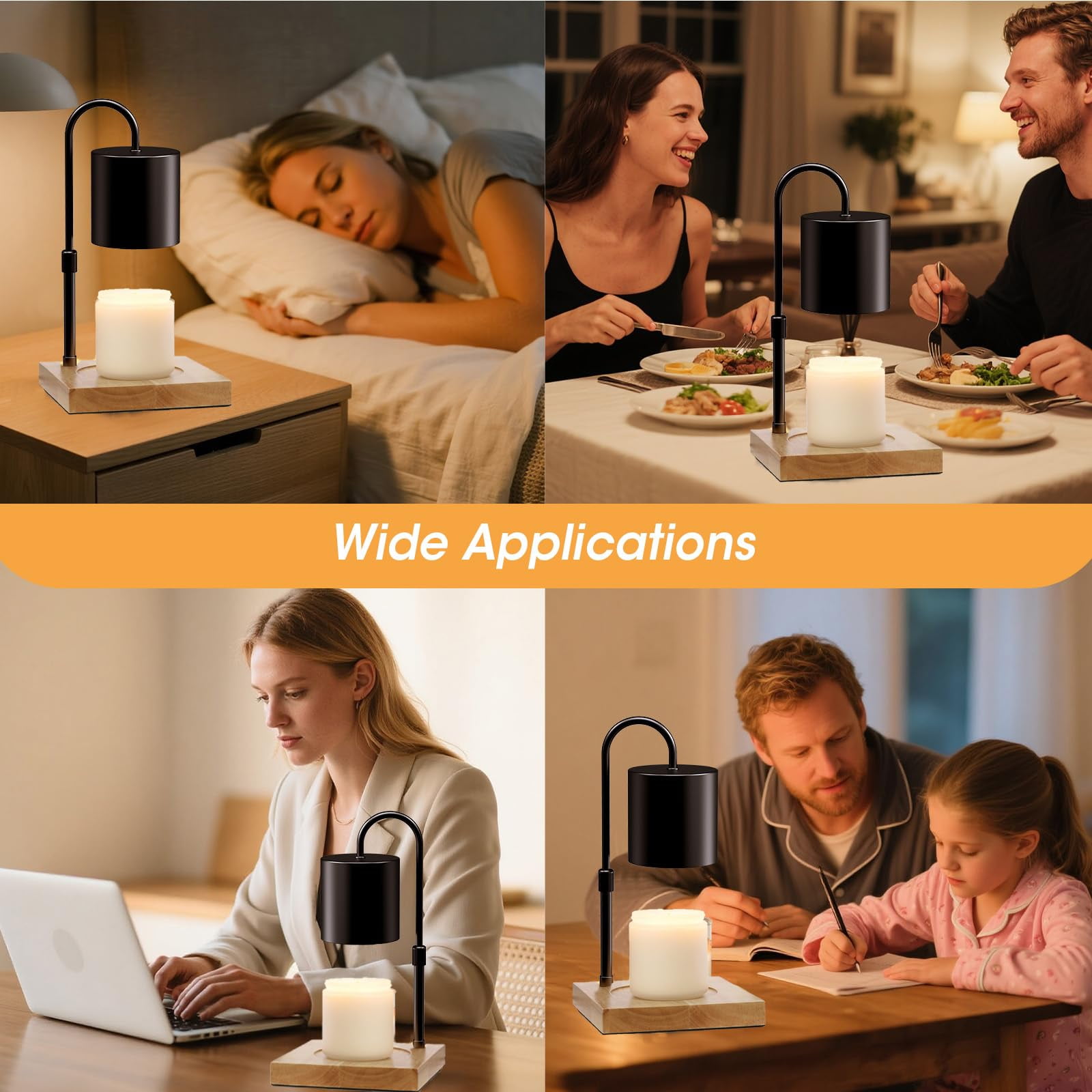MQ Candle Warmer Lamp, Electric Candle Warmer Lamp with 2H/4H/8H Timer Dimming Height Adjustable Safety Night Lamp, Home Scented Jar Candles Decor Gifts (2 Bulbs, Black)