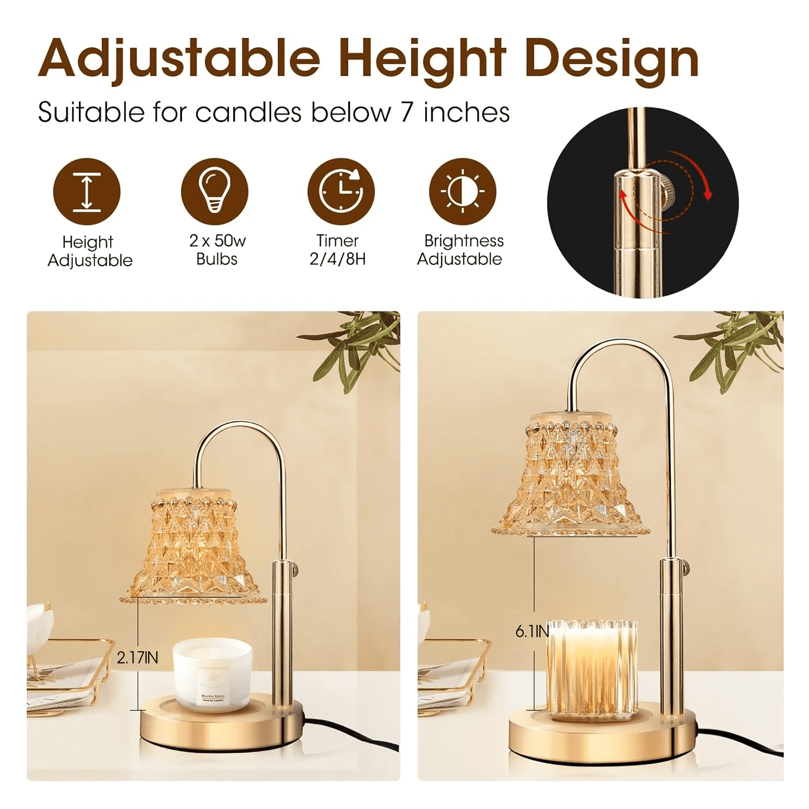 Candle Warmer Lamp, Adjustable Height Candle Lamp Warmer with Timer, Electric Dimmable Wax Melt Warmer with Flower Shaped and Stable Metal Base for Bedroom Home Decor