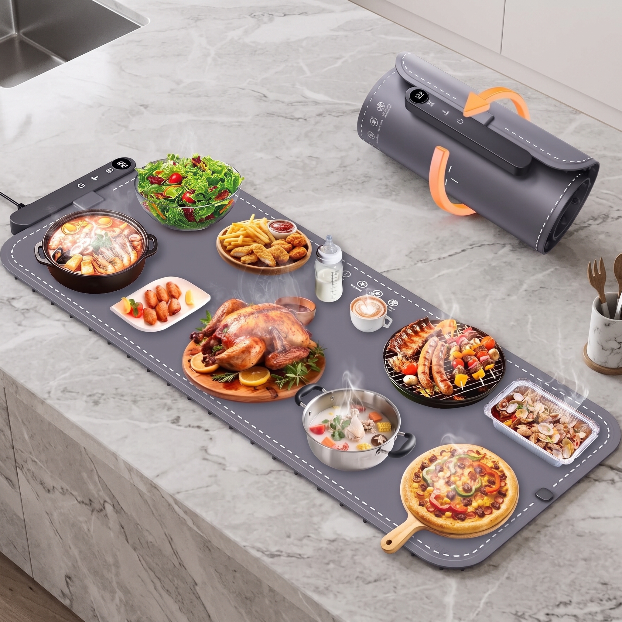 MQ Extra Large Rollable Food Warming Mat 35.4"x15.7", 6 Temp Levels & 6H Timer, Portable XXL Heating Tray Pad for Buffet Party Gifts