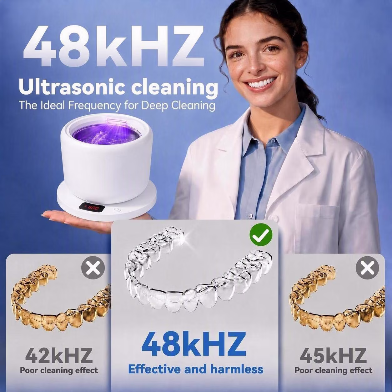 MQ Ultrasonic Retainer Cleaner, 48kHz 200ML, ABS & Stainless Steel, White, 3 Modes Removable Base for Adult Aligners, Braces, Mouth Guards & Jewelry