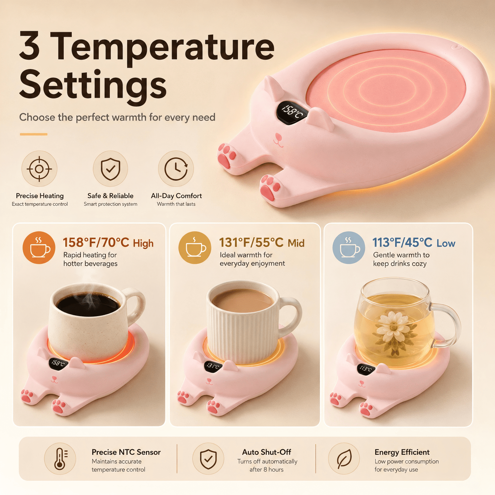 MQ Mug Warmer for Desk, 3 Temp Settings Coffee Cup Warmer, Electric Plate with Auto Shut off for Coffee, Tea, Water, Milk and Cocoa