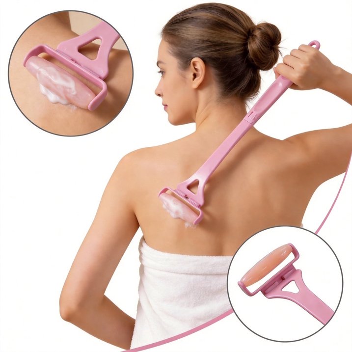 MQ Lotion Applicator for Back Body, Resin Back Lotion Applicator Long Reach Folding Handle, Sunscreen Application Roller Wands for Back Self Elderly, Seniors, Women and Men,Pink