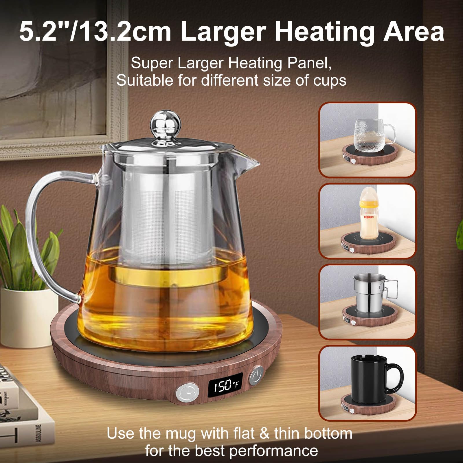 Woodgrain Mug Warmer, Coffee Warmer for Desk with 3 Temperature Settings (130°F/150°F/176°F), Cup Warmer for Tea Milk with 4H Auto-off, Coffee, Tea and Milk Warmer for Office Home Desk Use