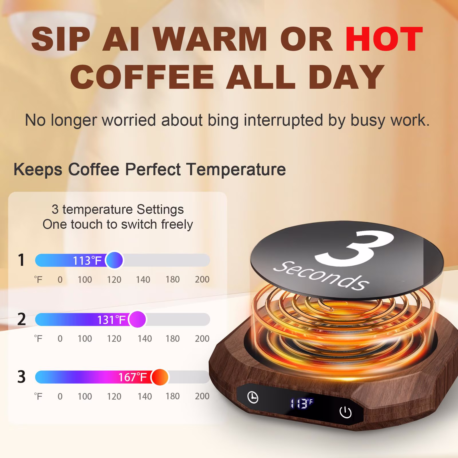 Wooden Mug Warmer, Coffee Warmer for Desk with 3 Temperature Settings (113°F/131°F/167°F), Cup Warmer for Tea, Milk with 1-12H Auto-off, Coffee, Tea and Milk Warmer for Office Home Desk Use
