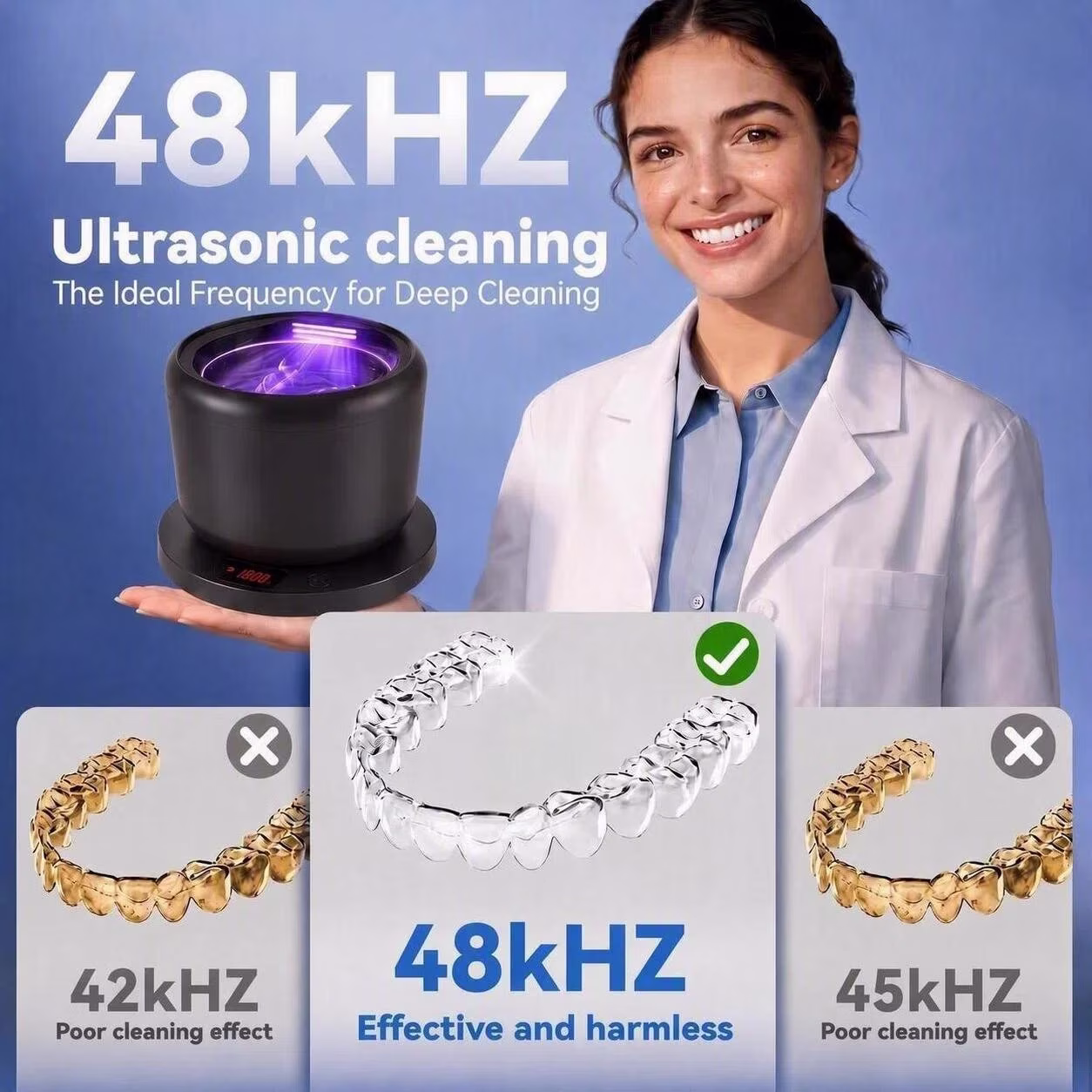 MQ Ultrasonic Retainer Cleaner,48kHz 200ML,3 Modes Removable Base Cover for Aligners Braces Mouth Guards Brush Heads Jewelry