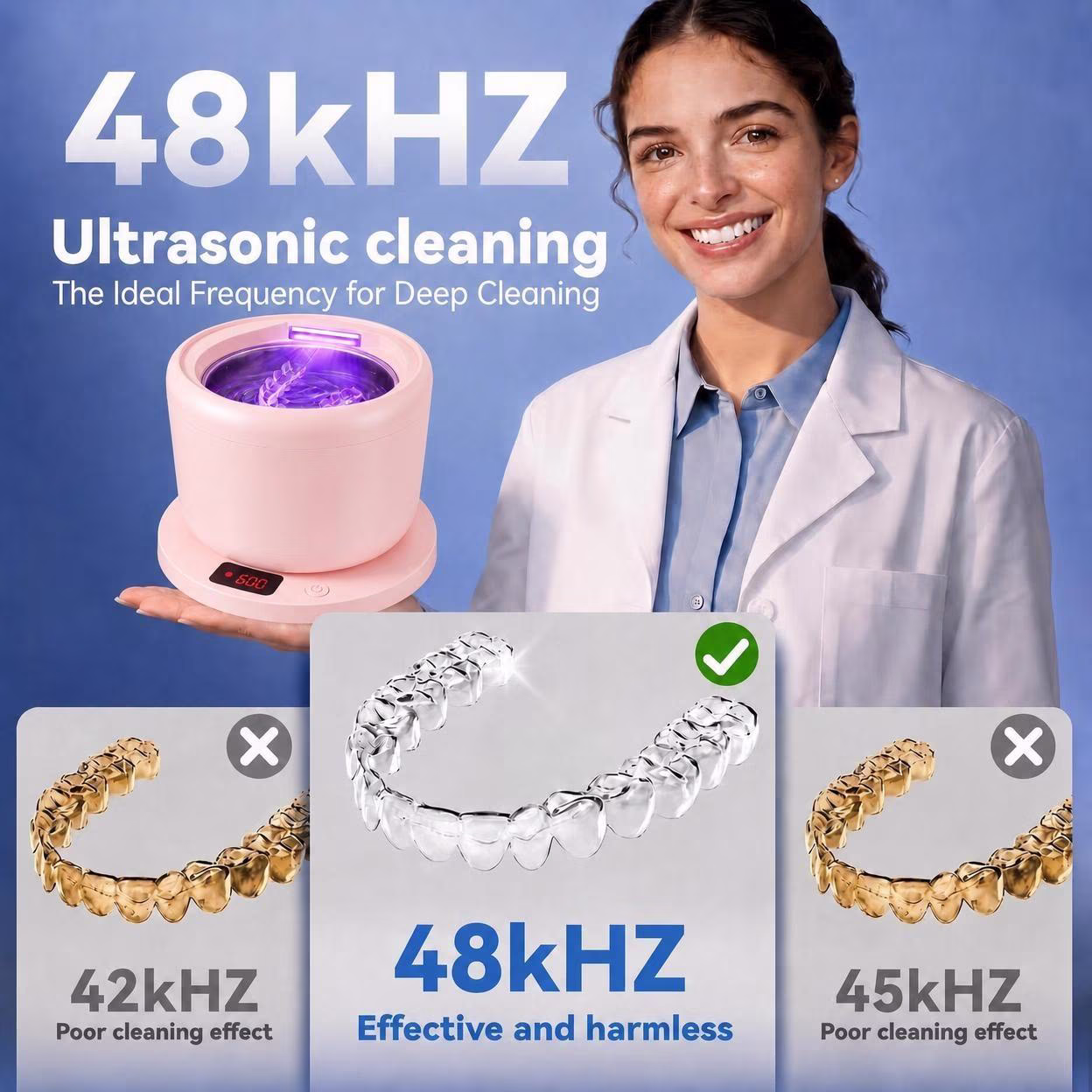MQ Ultrasonic Retainer Cleaner,48kHz 200ML,3 Modes Removable Base Cover for Aligners Braces Mouth Guards Brush Heads Jewelry