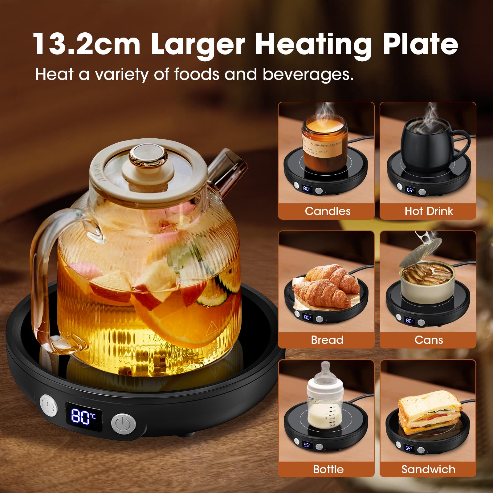 Black Cup Warmer - 3 Temperature Levels, 2-12H Timer, 4 Hours Automatic Shut-Off, Candle Warmer Plate