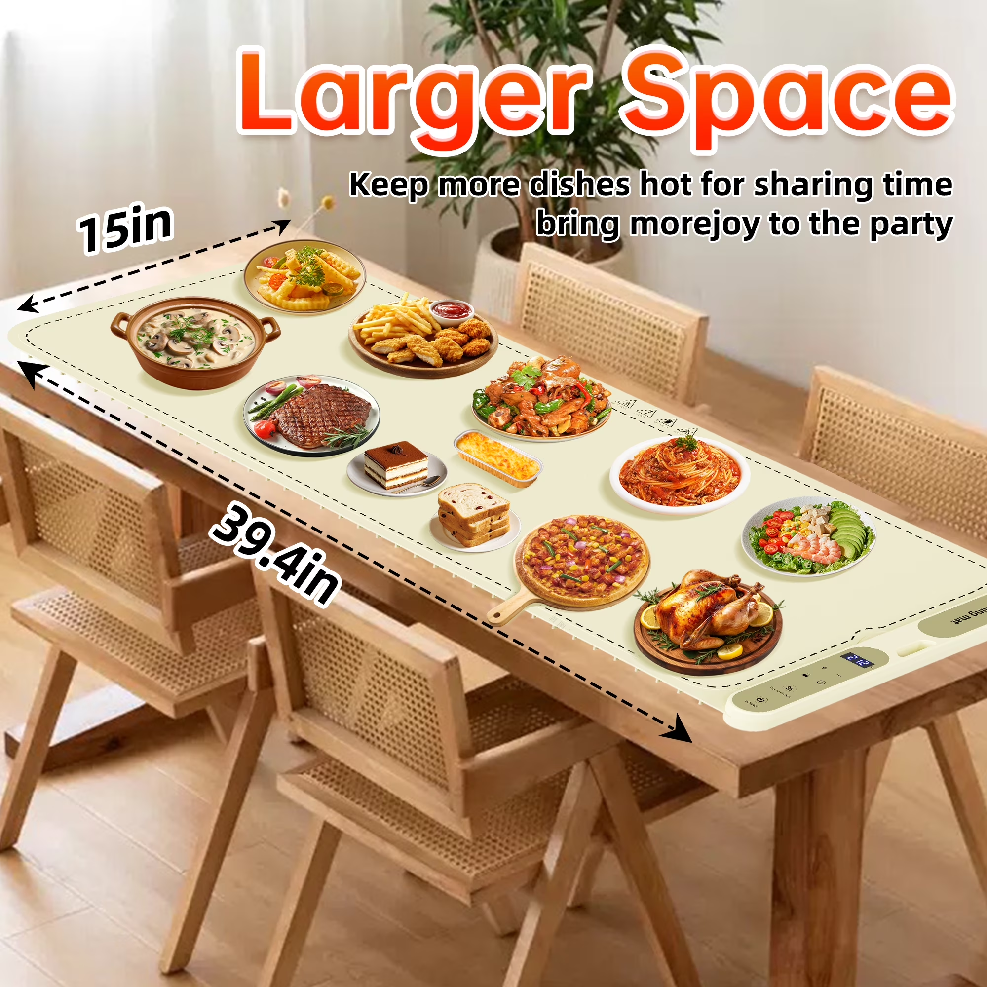 Food Warming Mat, Extra Large 39.4x15 Inches Fast Heating Silicone Electric Warming Tray with 7 Level Temp and 8H Timer, Roll-Up & Portable Warming Mat for Food, Chafing Dishes for Parties Buffet