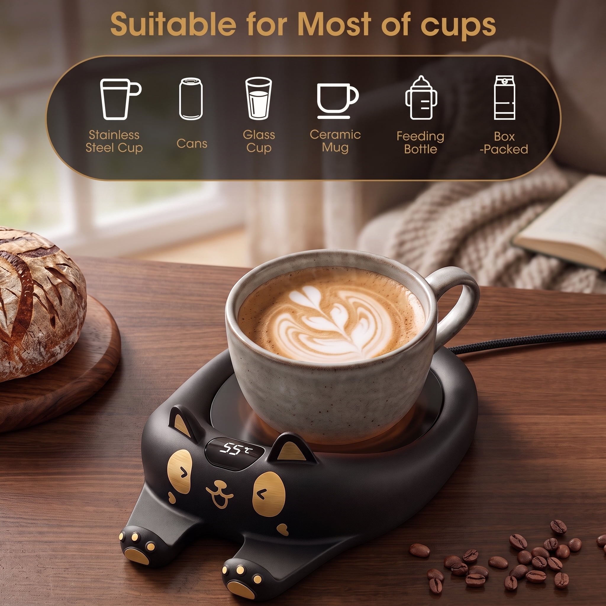 Mug Warmer, 3 Temp Settings Electric Plate with Auto Shut off, Coffee Cup Warmer for Coffee, Tea, Water, Milk and Cocoa