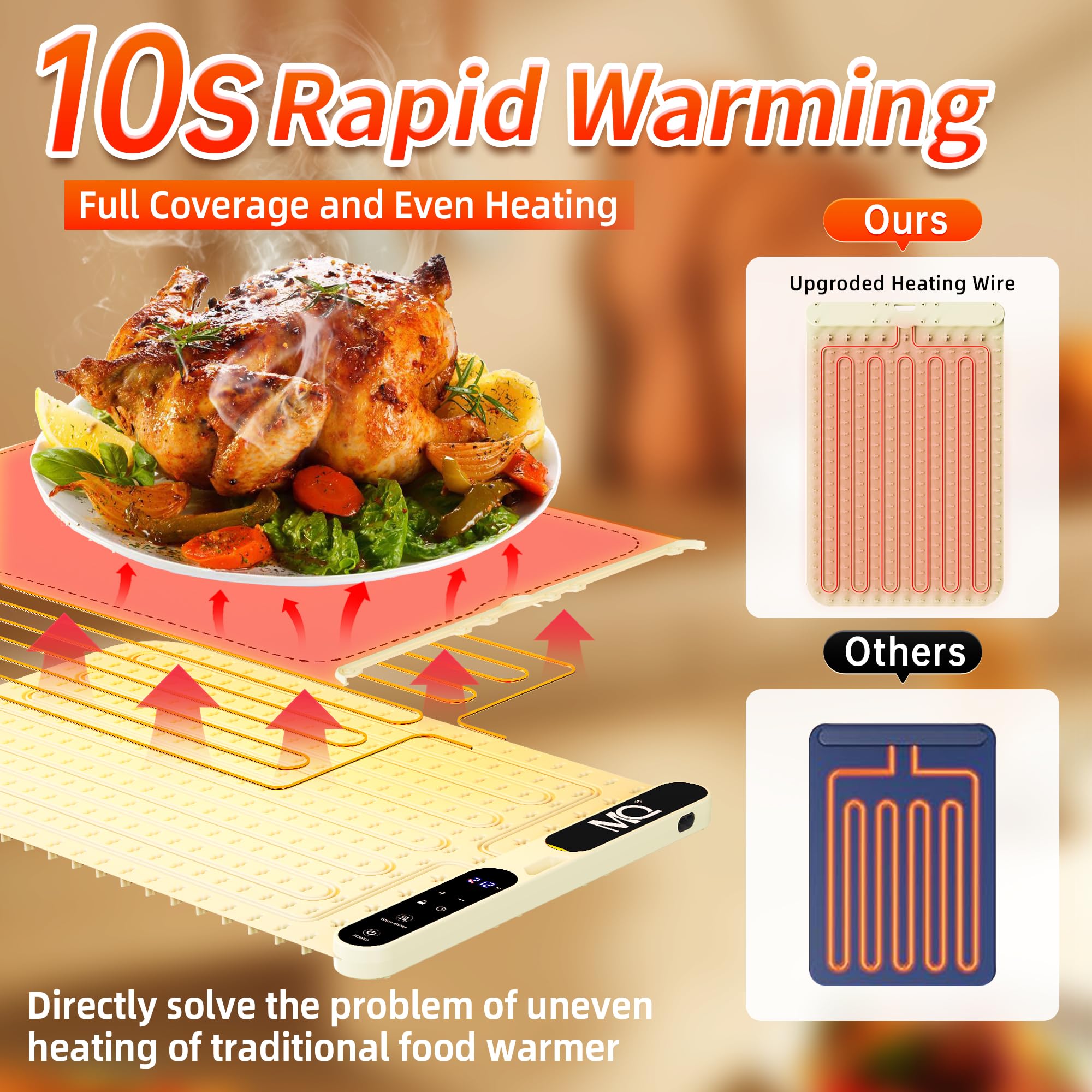 Food Warming Mat, Extra Large 39.4x15 Inches Fast Heating Silicone Electric Warming Tray with 7 Level Temp and 8H Timer, Roll-Up & Portable Warming Mat for Food, Chafing Dishes for Parties Buffet