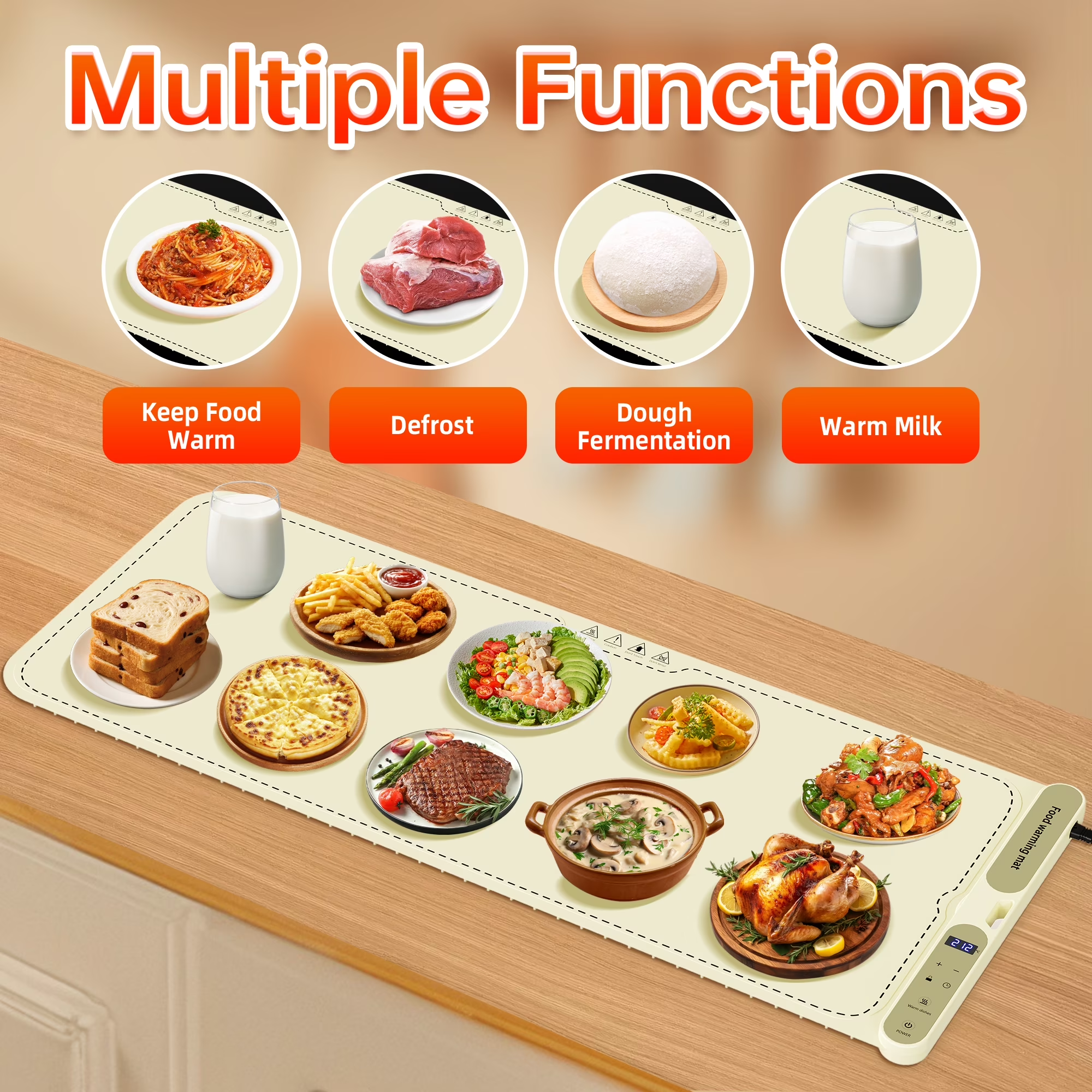 Food Warming Mat, Extra Large 39.4x15 Inches Fast Heating Silicone Electric Warming Tray with 7 Level Temp and 8H Timer, Roll-Up & Portable Warming Mat for Food, Chafing Dishes for Parties Buffet