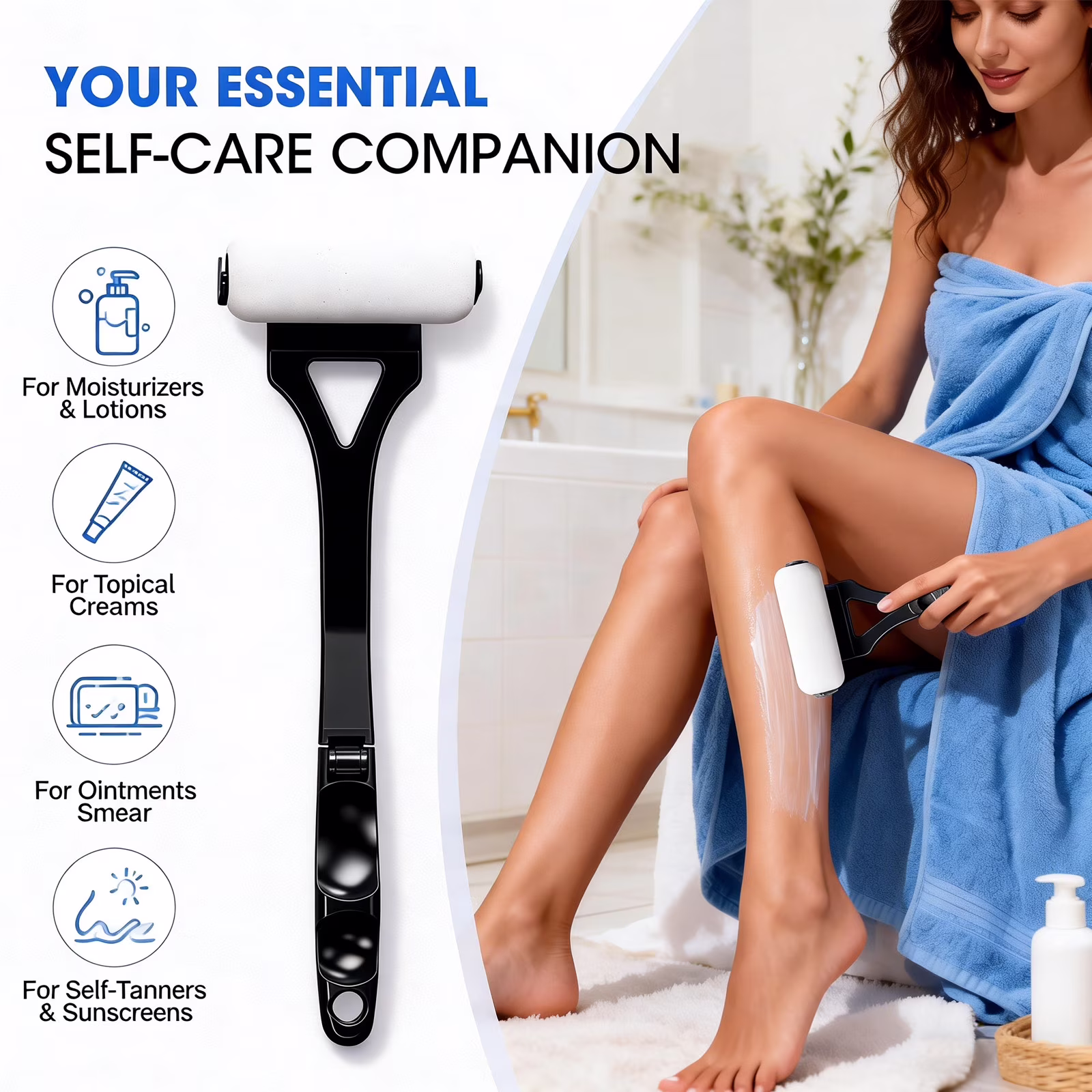 Back Lotion Applicator Long Handle, Foldable Lotion Applicator for Back Self Elderly Young, Lotion Applicator for Back Apply Lotion, Moisturizer, Cream, Ointment, Self Tanner, Black