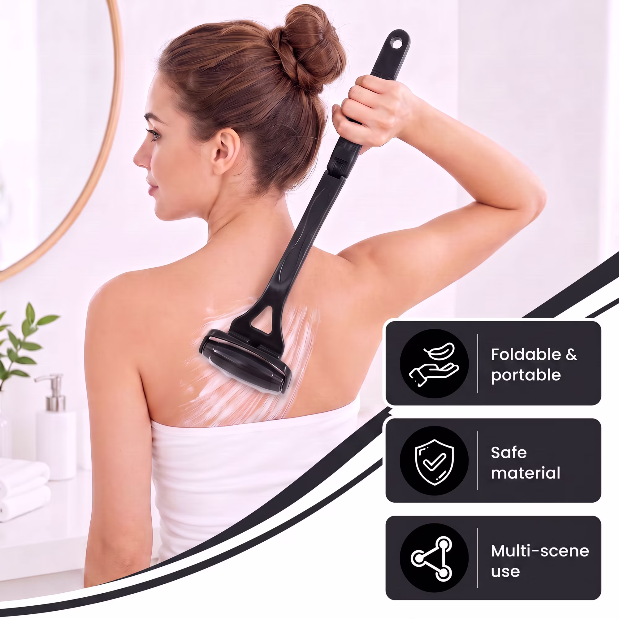 Black Foldable Long Reach Lotion Applicator for Back & Body, Reusable Roller Wand for Sunscreen, Moisturizer & Self-Tanner