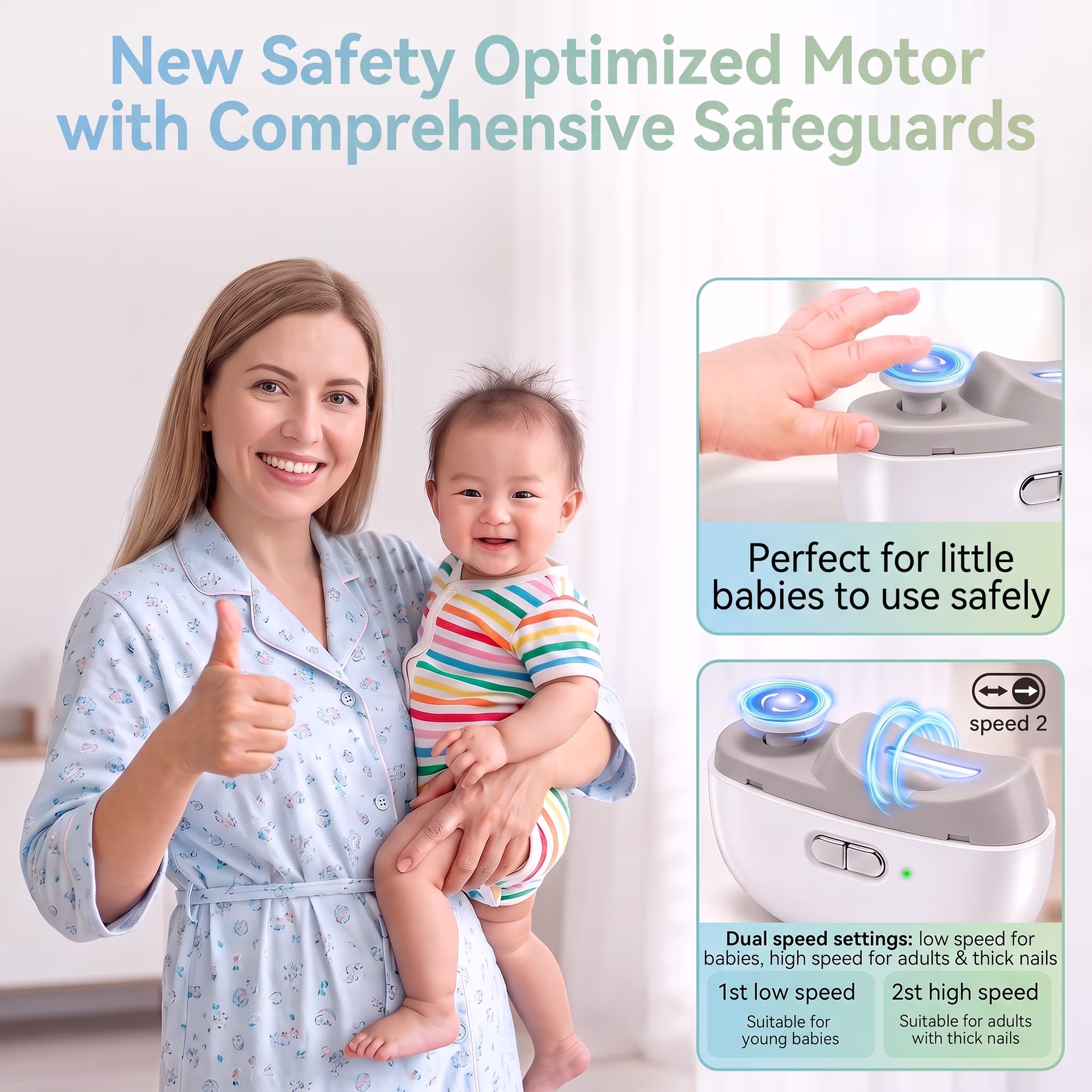 MQ Smart Electric Nail Clipper Upgraded 3 in 1 USB Rechargeable Automatic Nail Trimmer LED Light 2 Speed Nail Scrap Storage Safe Cutter Polisher Ideal Gift for Baby Kids Seniors Adults White
