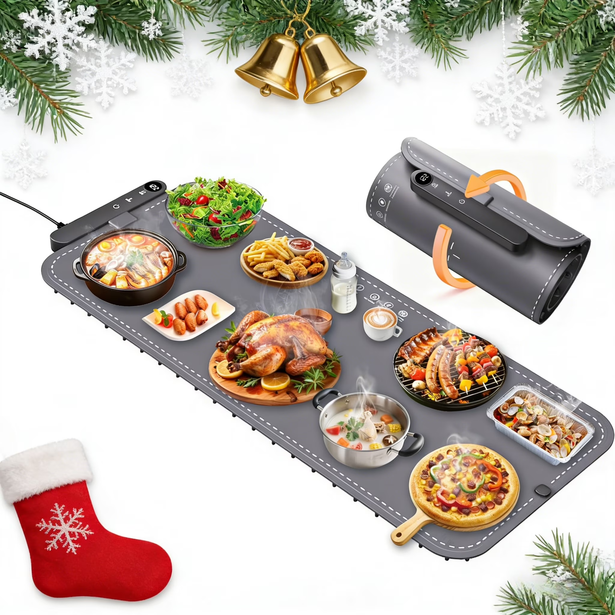 MQ Extra Large Rollable Food Warming Mat 35.4"x15.7", 6 Temp Levels & 6H Timer, Portable XXL Heating Tray Pad for Buffet Party Gifts
