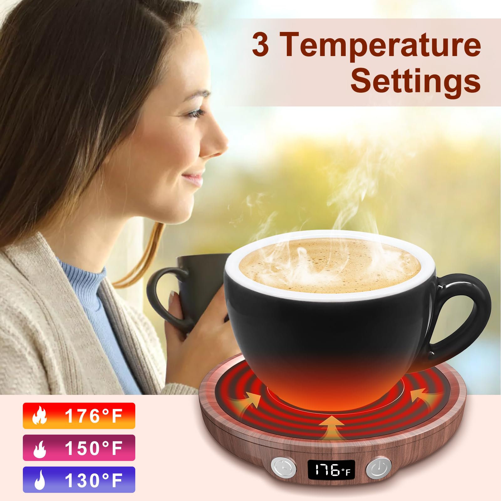 Woodgrain Mug Warmer, Coffee Warmer for Desk with 3 Temperature Settings (130°F/150°F/176°F), Cup Warmer for Tea Milk with 4H Auto-off, Coffee, Tea and Milk Warmer for Office Home Desk Use
