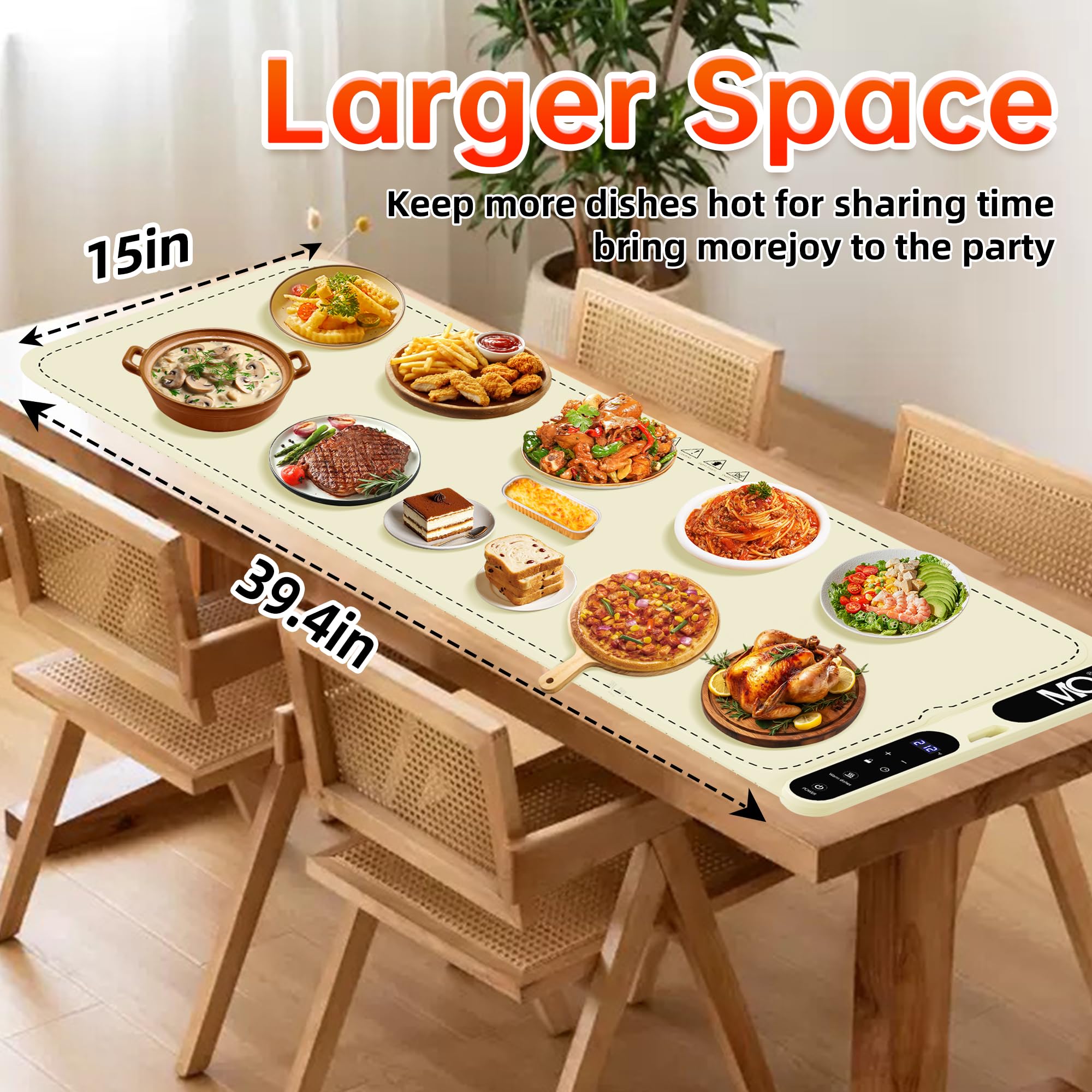 Food Warming Mat, Extra Large 39.4x15 Inches Fast Heating Silicone Electric Warming Tray with 7 Level Temp and 8H Timer, Roll-Up & Portable Warming Mat for Food, Chafing Dishes for Parties Buffet